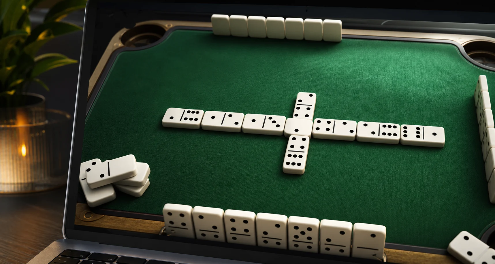 Online dominoes table with white tiles connected on green felt