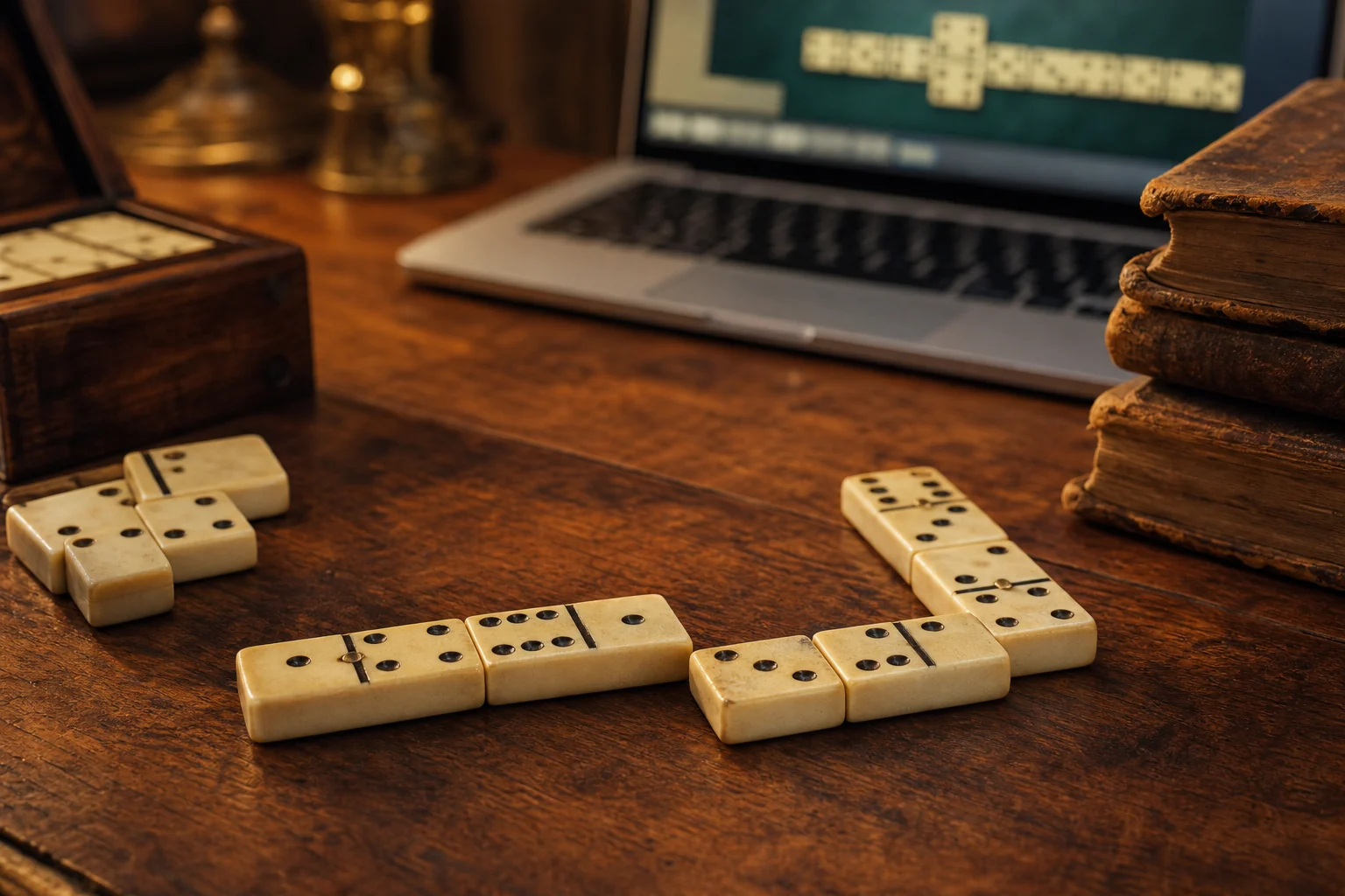 Vintage domino tiles on a wooden table with a subtle online play glow