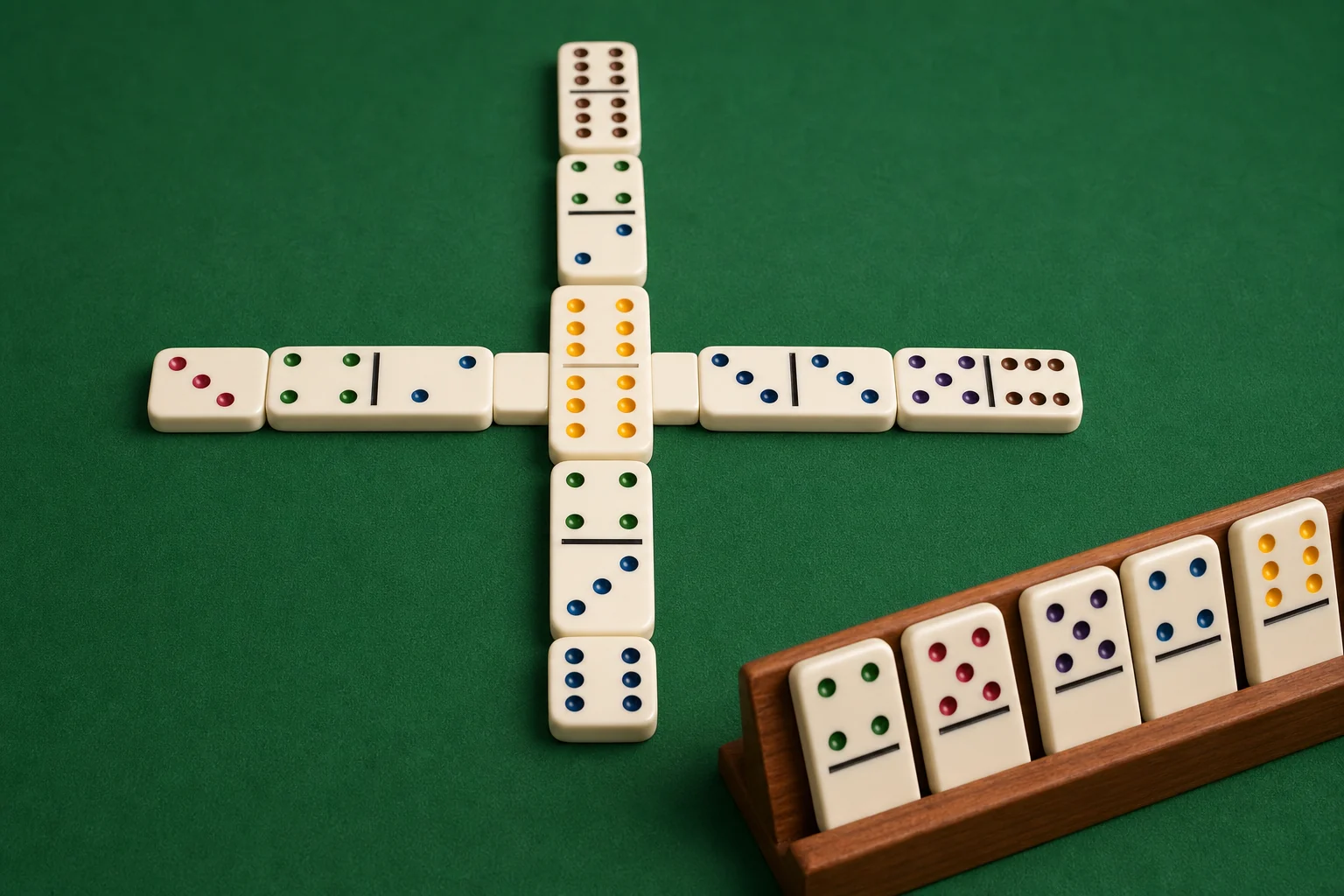 Dominoes rules setup with matching tiles on a green table