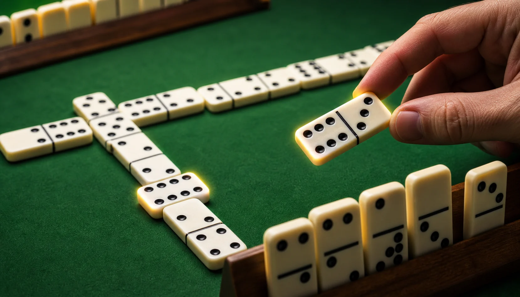 Dominoes strategy scene with a tile ready for the next move