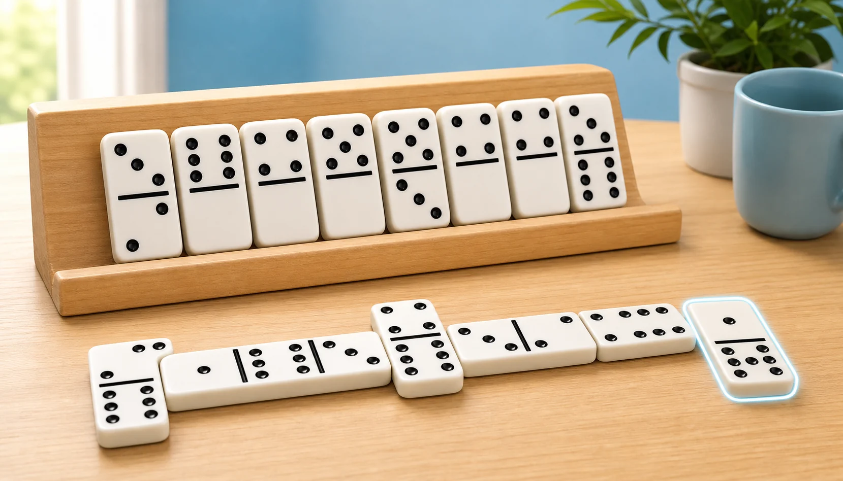 Beginner dominoes tips with a neat tile rack and open board